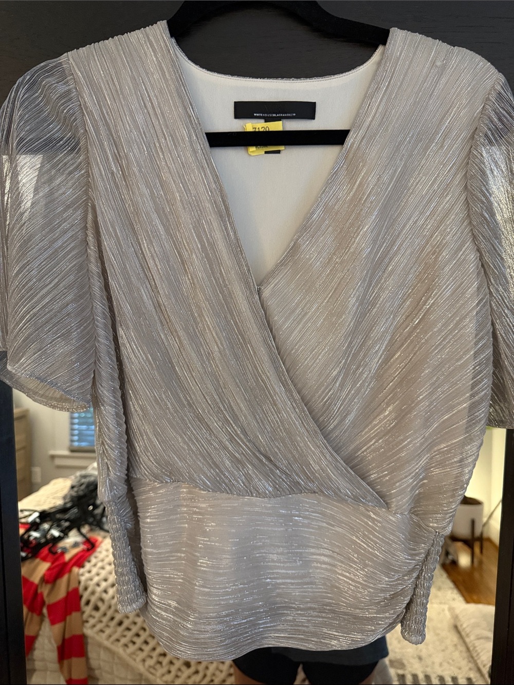 White House Black Market Shimmery Silver Wrap Blouse